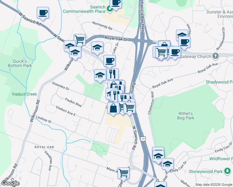 map of restaurants, bars, coffee shops, grocery stores, and more near 4470 West Saanich Road in Victoria