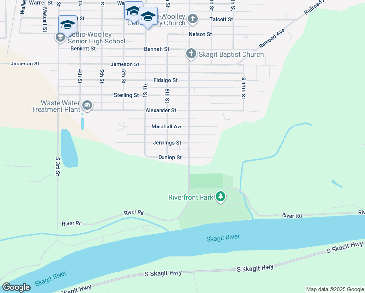 map of restaurants, bars, coffee shops, grocery stores, and more near 829 Jennings Street in Sedro-Woolley