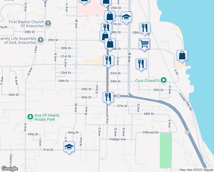 map of restaurants, bars, coffee shops, grocery stores, and more near 3320 Commercial Avenue in Anacortes