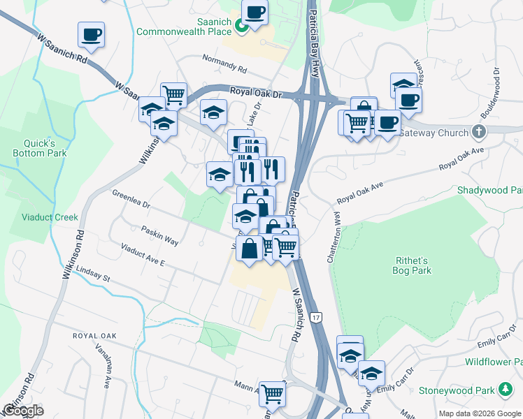 map of restaurants, bars, coffee shops, grocery stores, and more near West Saanich Road in Victoria