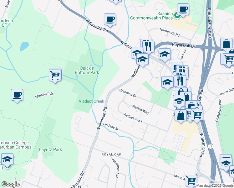 map of restaurants, bars, coffee shops, grocery stores, and more near 707 Greenlea Drive in Victoria