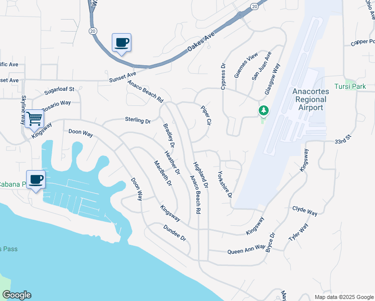 map of restaurants, bars, coffee shops, grocery stores, and more near 2104 Highland Drive in Anacortes