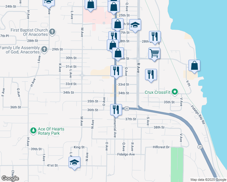 map of restaurants, bars, coffee shops, grocery stores, and more near 3320 Commercial Avenue in Anacortes