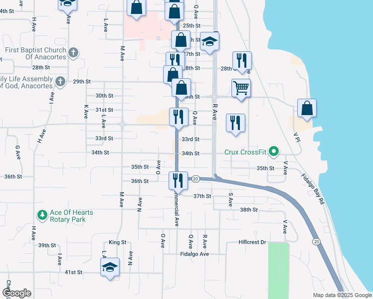 map of restaurants, bars, coffee shops, grocery stores, and more near 3320 Q Avenue in Anacortes