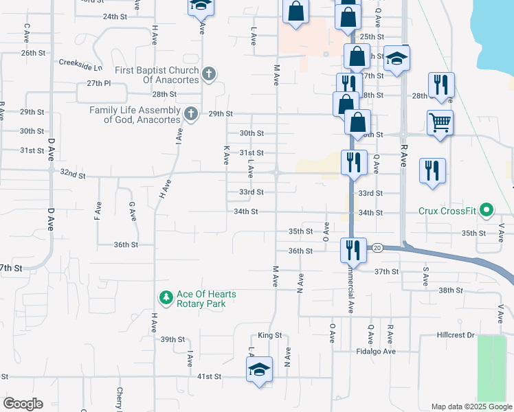 map of restaurants, bars, coffee shops, grocery stores, and more near 1316 34th Street in Anacortes