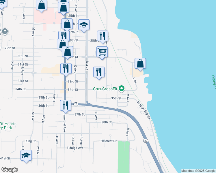 map of restaurants, bars, coffee shops, grocery stores, and more near 3315a T Avenue in Anacortes