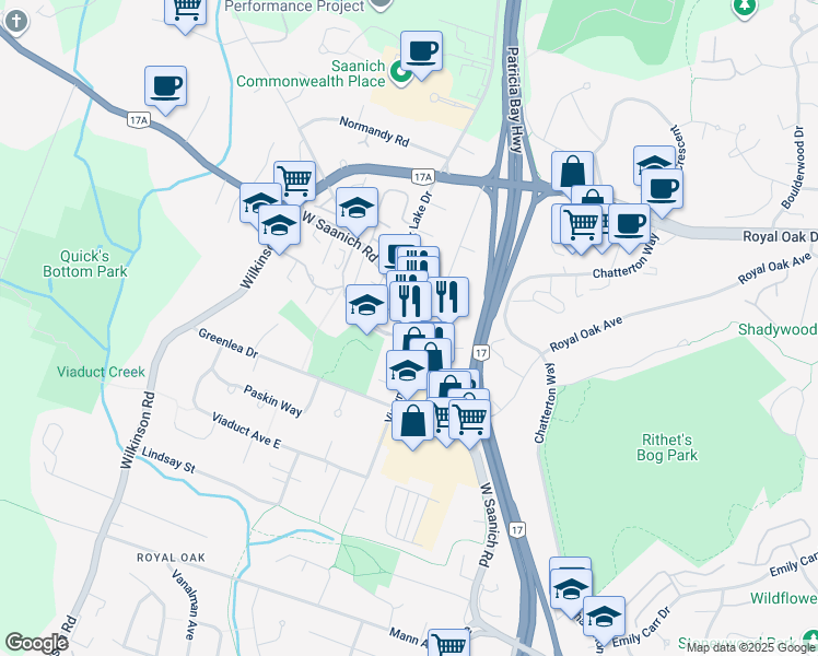 map of restaurants, bars, coffee shops, grocery stores, and more near 4512 West Saanich Road in Victoria