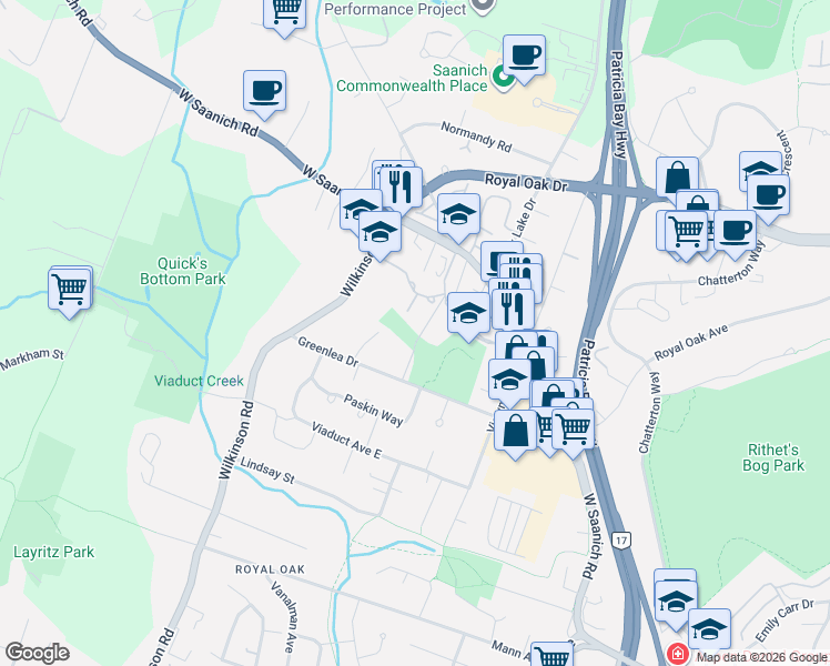 map of restaurants, bars, coffee shops, grocery stores, and more near 745 Travino Lane in Capital Regional District