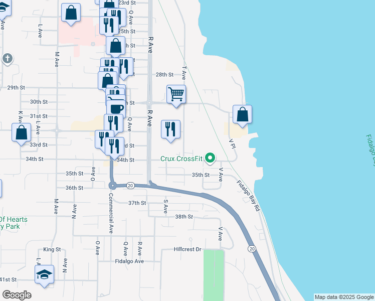 map of restaurants, bars, coffee shops, grocery stores, and more near 3315a T Avenue in Anacortes
