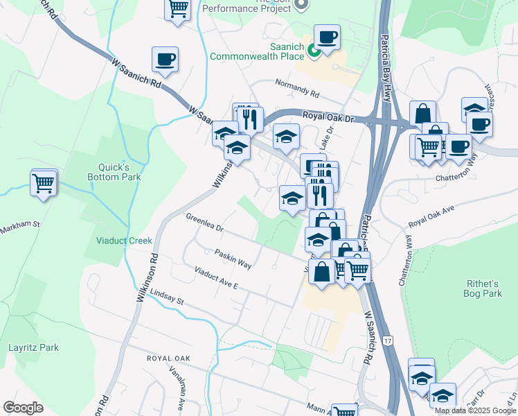 map of restaurants, bars, coffee shops, grocery stores, and more near 745 Travino Lane in Capital Regional District