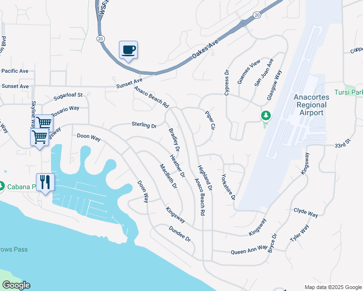 map of restaurants, bars, coffee shops, grocery stores, and more near 2104 Highland Drive in Anacortes