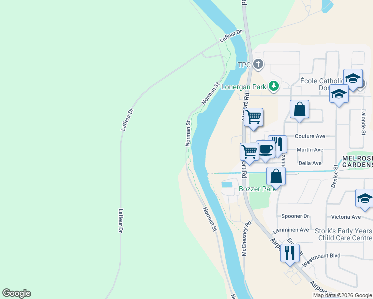map of restaurants, bars, coffee shops, grocery stores, and more near Norman Street in Timmins