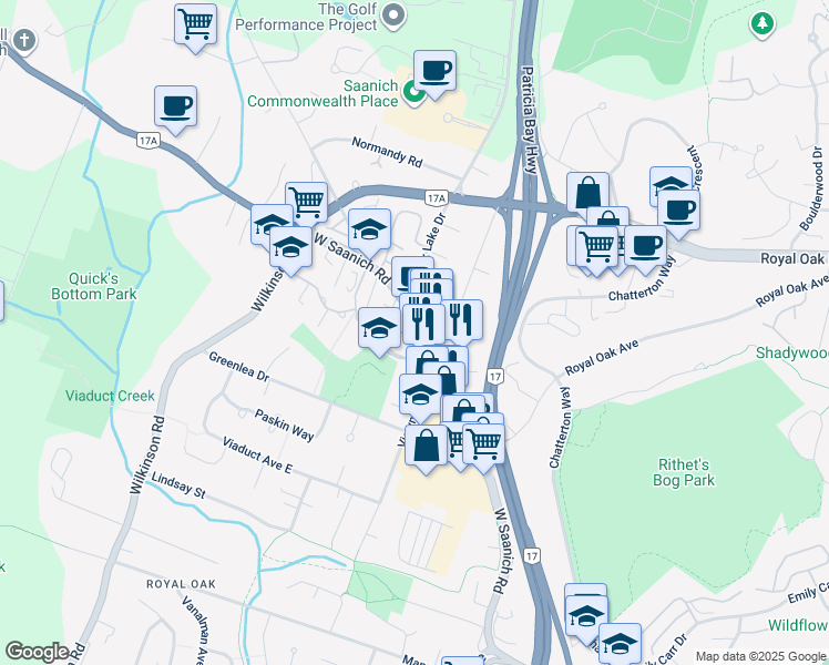 map of restaurants, bars, coffee shops, grocery stores, and more near 4512 West Saanich Road in Victoria
