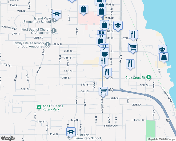 map of restaurants, bars, coffee shops, grocery stores, and more near 1204 34th Street in Anacortes