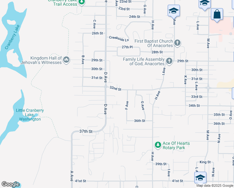 map of restaurants, bars, coffee shops, grocery stores, and more near 2112 33rd Street in Anacortes