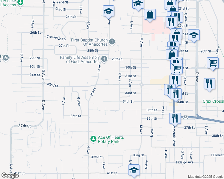 map of restaurants, bars, coffee shops, grocery stores, and more near 1515 32nd Street in Anacortes
