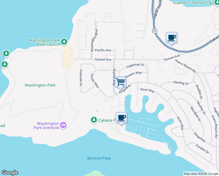 map of restaurants, bars, coffee shops, grocery stores, and more near 1710 Skyline Way in Anacortes