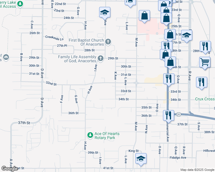 map of restaurants, bars, coffee shops, grocery stores, and more near 1515 32nd Street in Anacortes