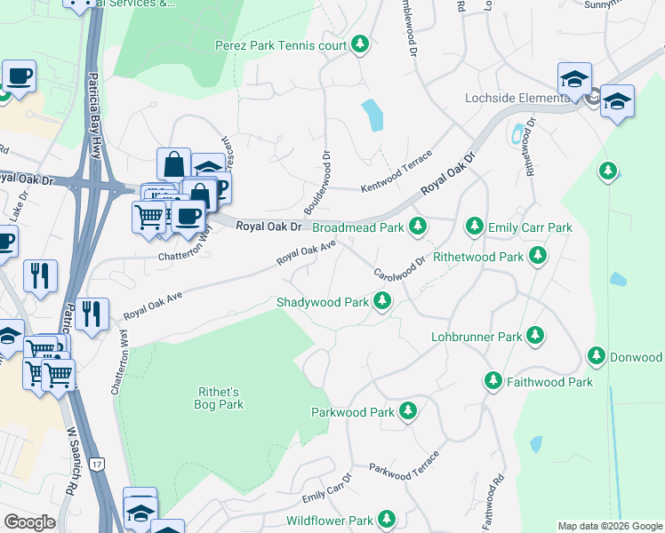 map of restaurants, bars, coffee shops, grocery stores, and more near 909 Carolwood Drive in Victoria