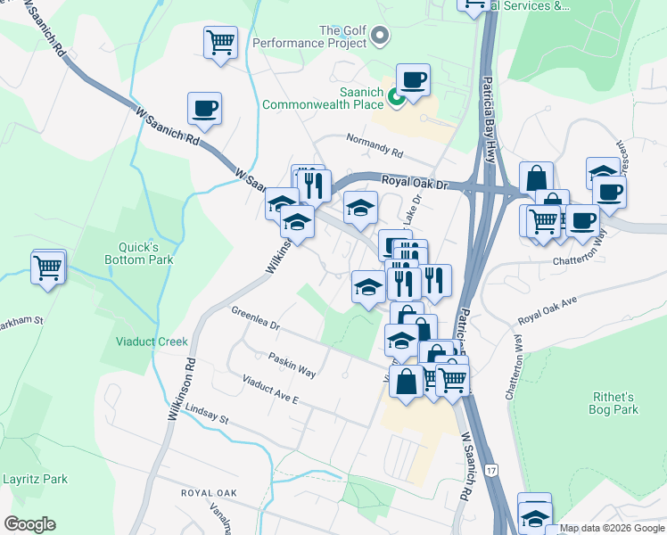 map of restaurants, bars, coffee shops, grocery stores, and more near 742 Travino Lane in Victoria