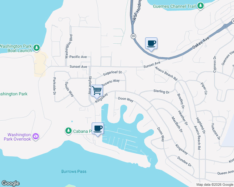 map of restaurants, bars, coffee shops, grocery stores, and more near 5511 Kingsway in Anacortes
