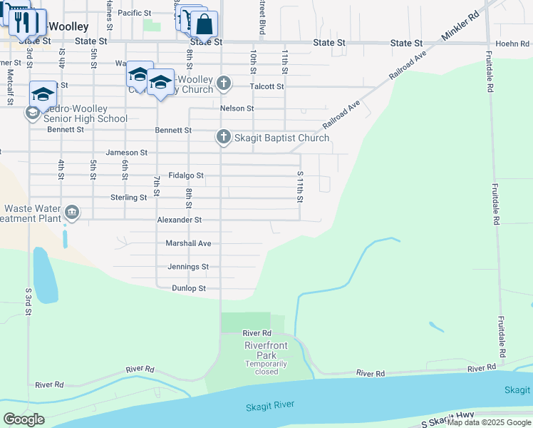 map of restaurants, bars, coffee shops, grocery stores, and more near 940 Alexander Street in Sedro-Woolley
