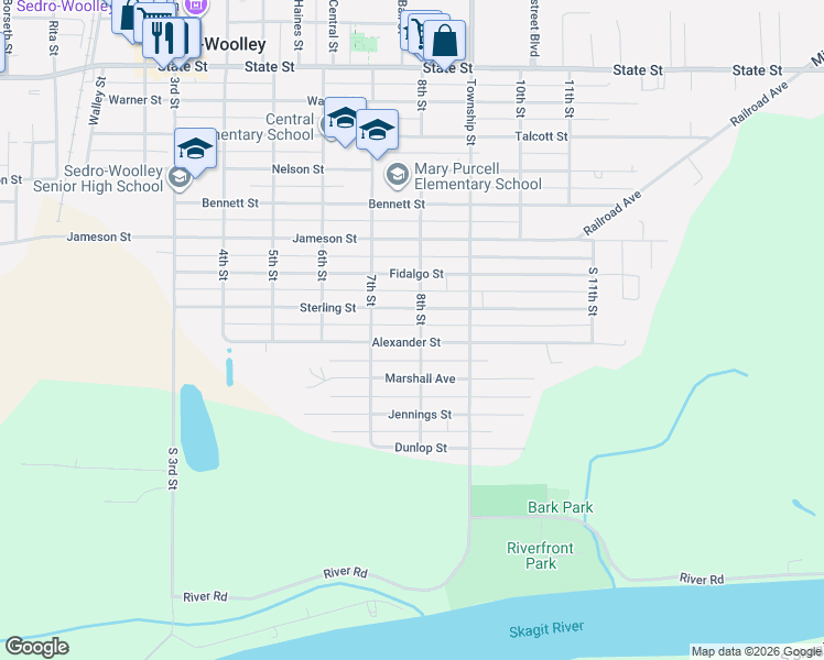 map of restaurants, bars, coffee shops, grocery stores, and more near 1619 8th Street in Sedro-Woolley