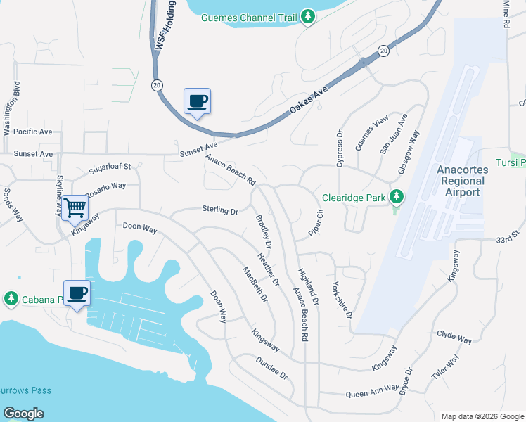 map of restaurants, bars, coffee shops, grocery stores, and more near 1807 Bradley Drive in Anacortes