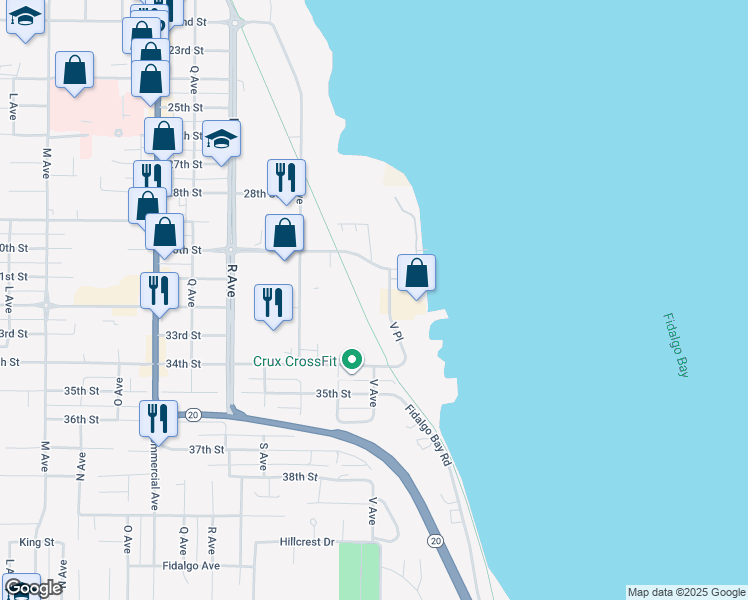 map of restaurants, bars, coffee shops, grocery stores, and more near 3116 V Place in Anacortes