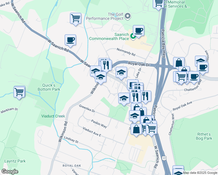 map of restaurants, bars, coffee shops, grocery stores, and more near 740 Travino Lane in Victoria