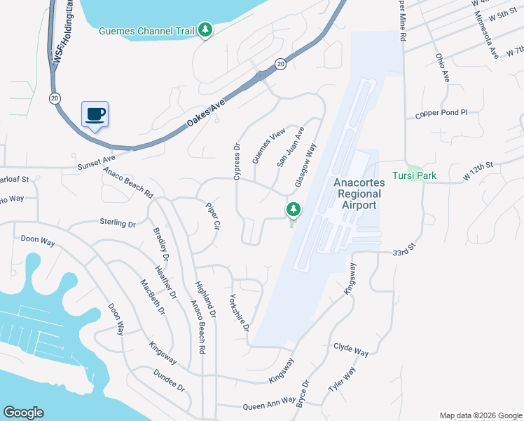 map of restaurants, bars, coffee shops, grocery stores, and more near 4510 Blakely Drive in Anacortes