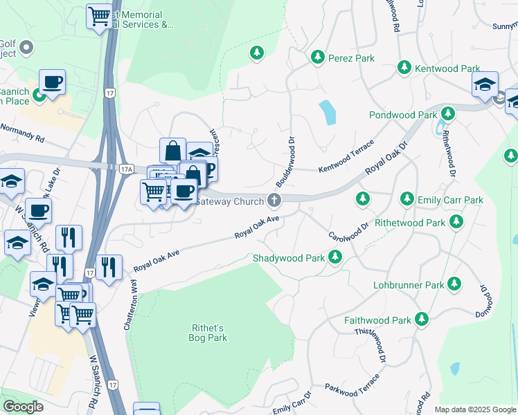 map of restaurants, bars, coffee shops, grocery stores, and more near 887 Royal Oak Drive in Victoria