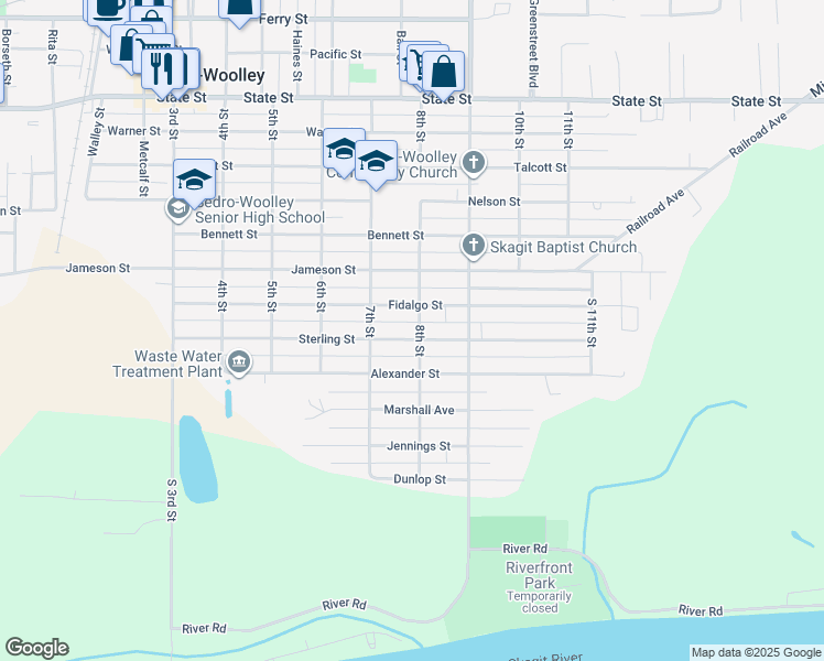 map of restaurants, bars, coffee shops, grocery stores, and more near 802 Fidalgo Street in Sedro-Woolley