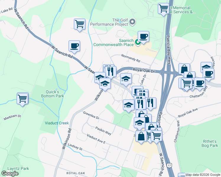 map of restaurants, bars, coffee shops, grocery stores, and more near 4590 West Saanich Road in Capital