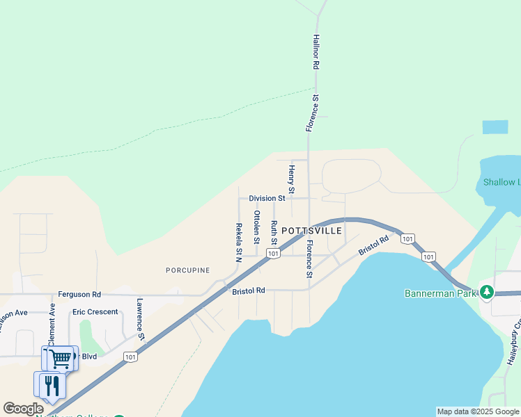 map of restaurants, bars, coffee shops, grocery stores, and more near 227 Ottolen Street in Timmins