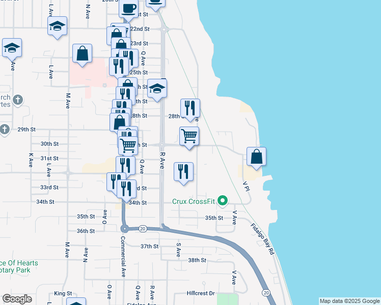 map of restaurants, bars, coffee shops, grocery stores, and more near 605 30th Street in Anacortes
