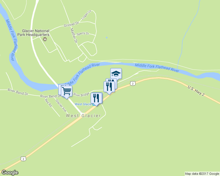 map of restaurants, bars, coffee shops, grocery stores, and more near Old River Bridge in West Glacier