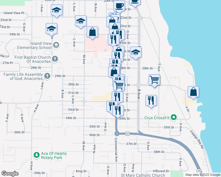 map of restaurants, bars, coffee shops, grocery stores, and more near 3006 Washington 20 Spur in Anacortes