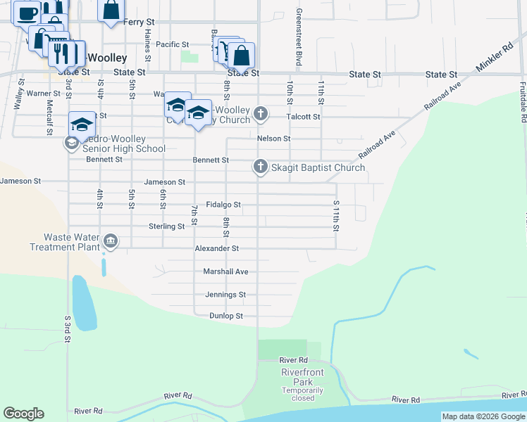 map of restaurants, bars, coffee shops, grocery stores, and more near 836 Fidalgo Street in Sedro-Woolley