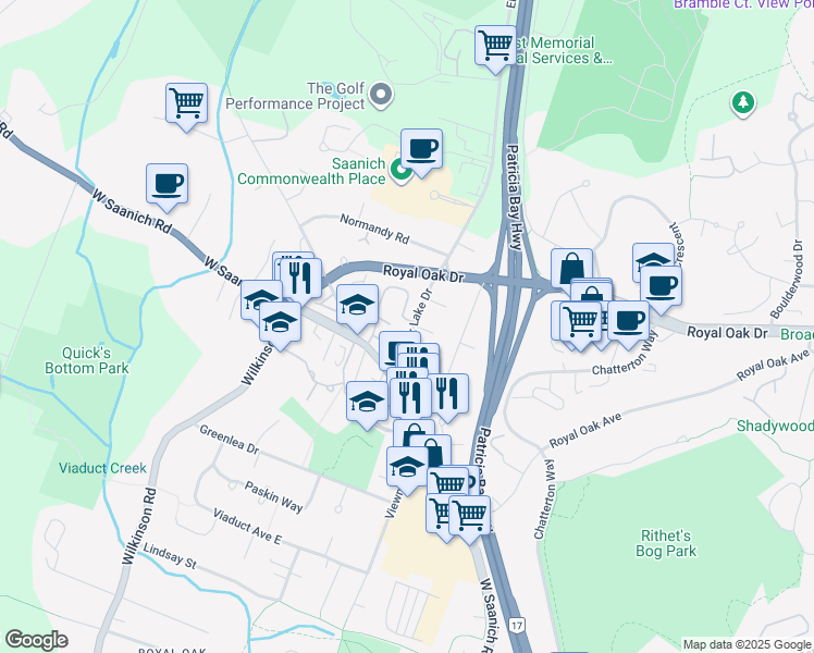 map of restaurants, bars, coffee shops, grocery stores, and more near 542 Heatherdale Lane in Victoria