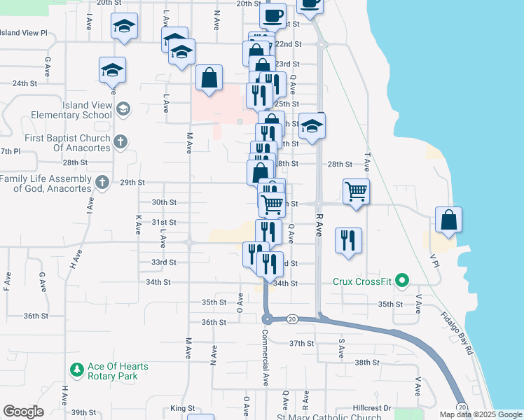 map of restaurants, bars, coffee shops, grocery stores, and more near 3006 Washington 20 Spur in Anacortes