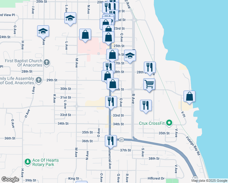 map of restaurants, bars, coffee shops, grocery stores, and more near 907 30th Street in Anacortes