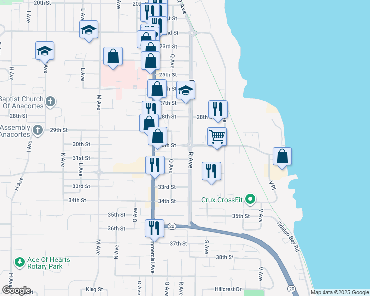 map of restaurants, bars, coffee shops, grocery stores, and more near 801 30th Street in Anacortes