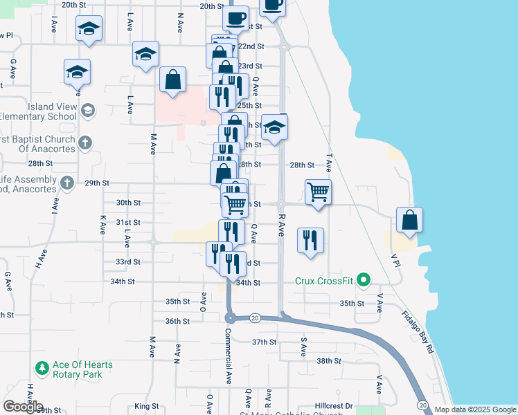 map of restaurants, bars, coffee shops, grocery stores, and more near 819 30th Street in Anacortes