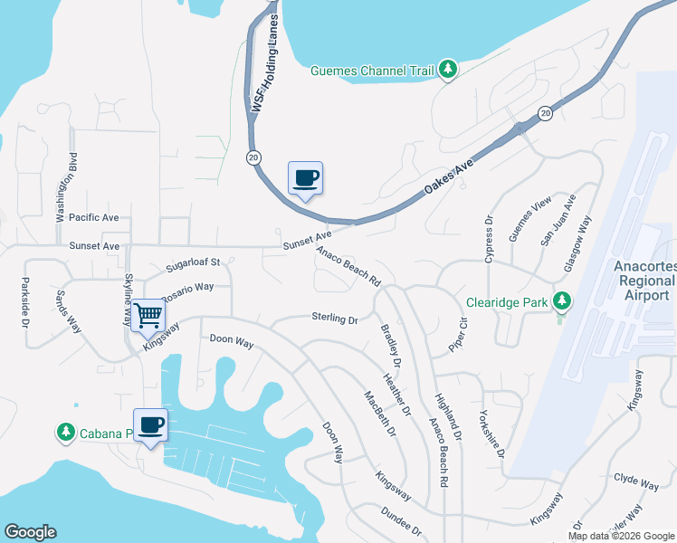 map of restaurants, bars, coffee shops, grocery stores, and more near 5110 Maritime Lane in Anacortes