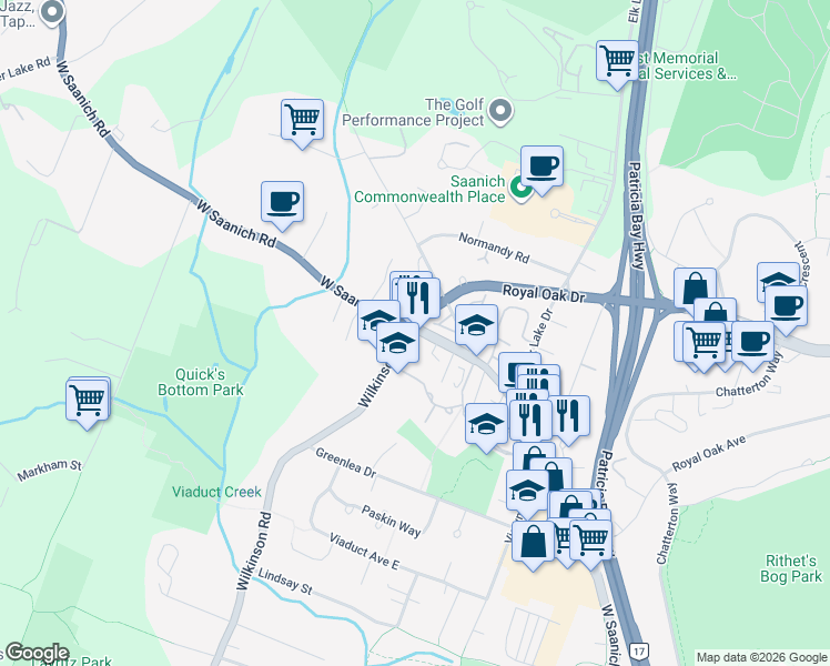 map of restaurants, bars, coffee shops, grocery stores, and more near 4590 West Saanich Road in Victoria