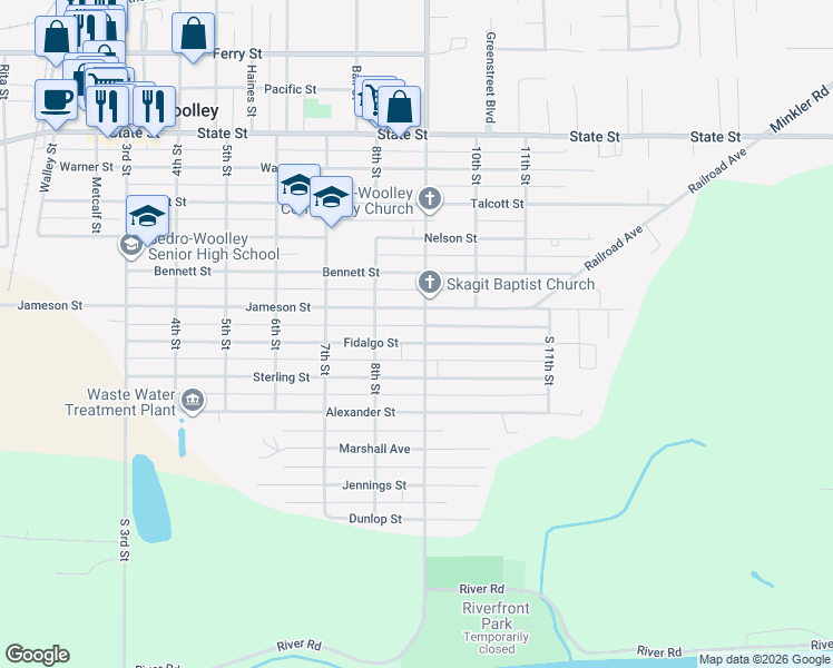 map of restaurants, bars, coffee shops, grocery stores, and more near 836 Fidalgo Street in Sedro-Woolley