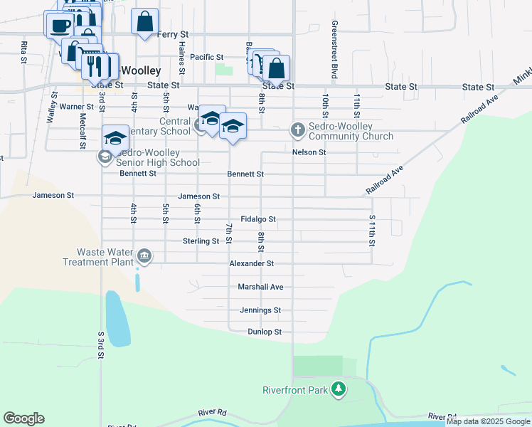 map of restaurants, bars, coffee shops, grocery stores, and more near 802 Fidalgo Street in Sedro-Woolley