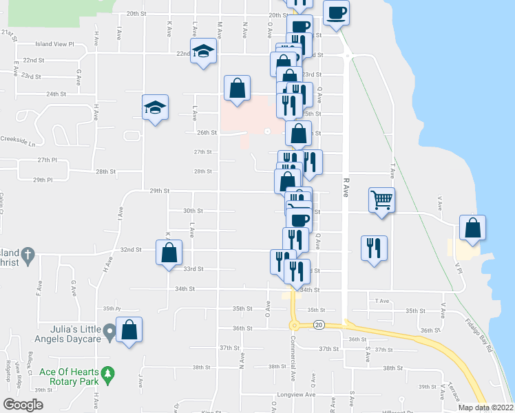 map of restaurants, bars, coffee shops, grocery stores, and more near 1109 29th Street in Anacortes