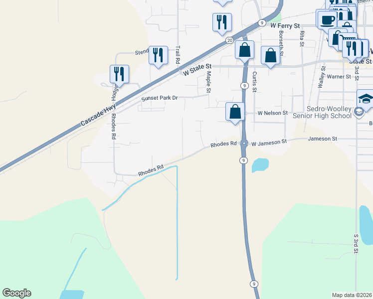 map of restaurants, bars, coffee shops, grocery stores, and more near 734 Rhodes Road in Sedro-Woolley